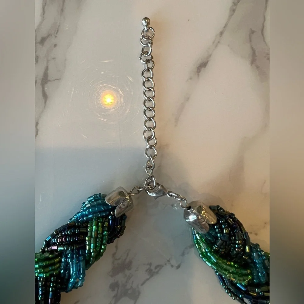 Vintage Braided Bead Necklace, Green, Blue and Irridescent